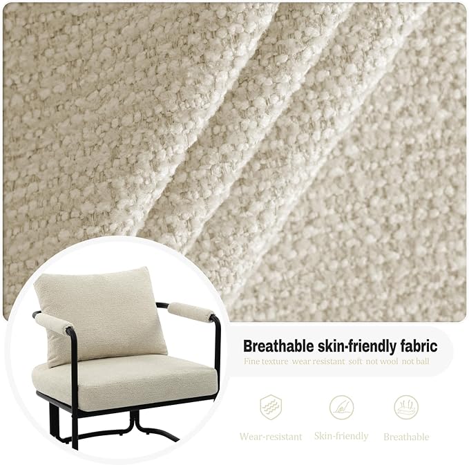 Single Accent Chair for Living Room, Mid Century Modern Upholstered Reading Armchair for Bedroom, Office, with Comfy Chenille Cushion & Metal Frame, Cream Beige
