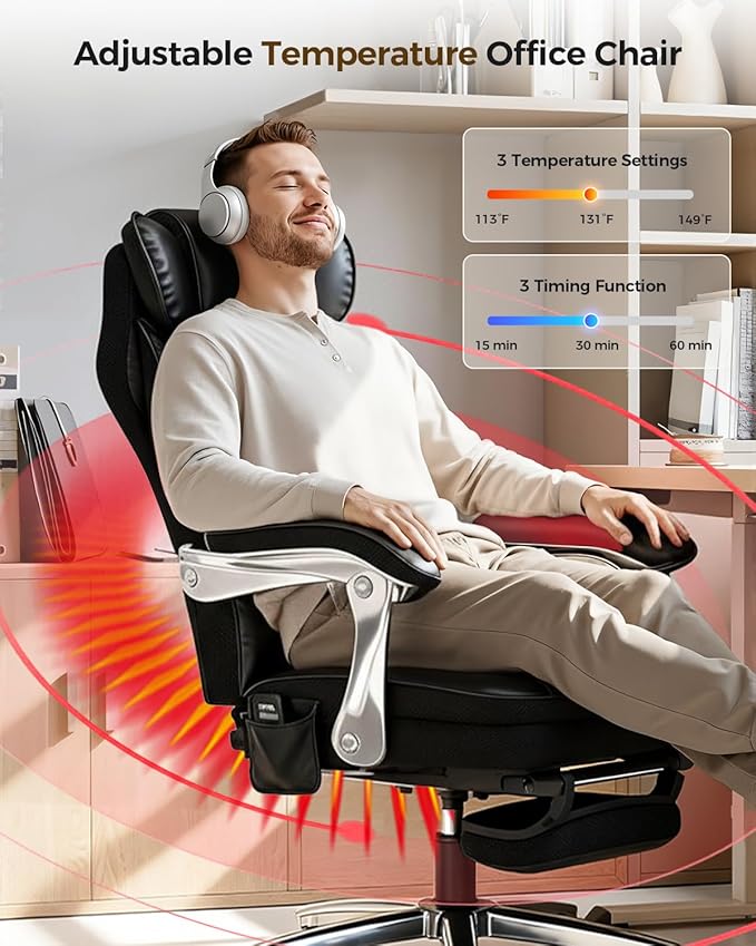 Big and Tall Office Chair 400lbs with Massage and Heat, 23.5" Wide Leather Office Chair with Back Support, Ergonomic Comfort 140° Reclining Desk Chairs Managerial Chairs for Heavy People