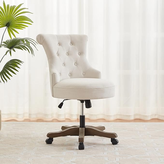 Home Office Chair Adjustable Height Swivel Chair with Wheels Linen Fabric Upholstered Computer Desk Chair with Wooden Legs Comfortable Armless Chair for Home Office Study Studio(Beige)