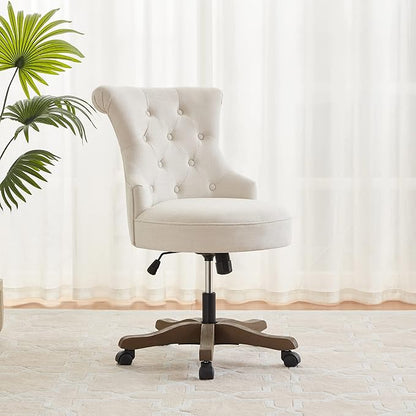 Home Office Chair Adjustable Height Swivel Chair with Wheels Linen Fabric Upholstered Computer Desk Chair with Wooden Legs Comfortable Armless Chair for Home Office Study Studio(Beige)