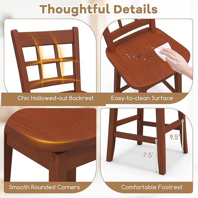 COSTWAY Swivel Bar Stools Set of 2, 24.5 Inch Counter Height Bar Chairs w/Hollow Backrest & Contoured Seat, Wooden Barstools w/Footrest for Kitchen Island, Pub, Bistro, Cafe (2, Walnut)