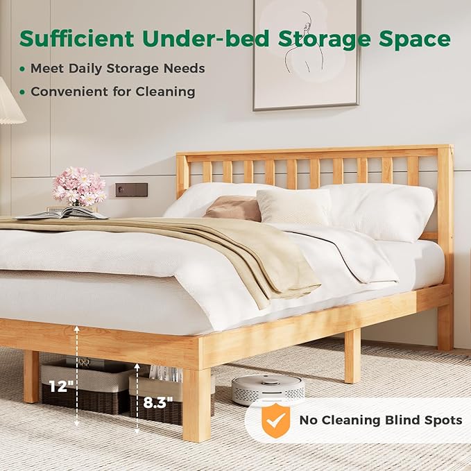DELAVIN Queen Bed Frame with Headboard, Wood Platform Bed Frame, Farmhouse Style Bed Frame Queen Size with Slats Support, Malaysian Oak, No Box Spring Needed, Easy Assembly, Rustic Pine