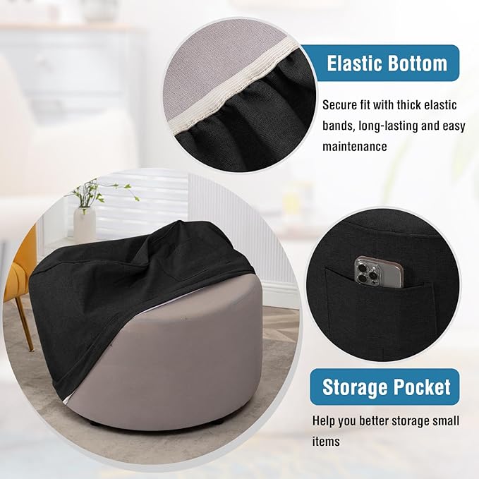 H.VERSAILTEX Round Ottoman Cover Thick Linen Look Ottoman Slipcover Round Ottoman Storage Cover Folding Stool Covers Furniture Protector Cover for Footrest Ottoman Fit Dia 36" - 38", Heather Black