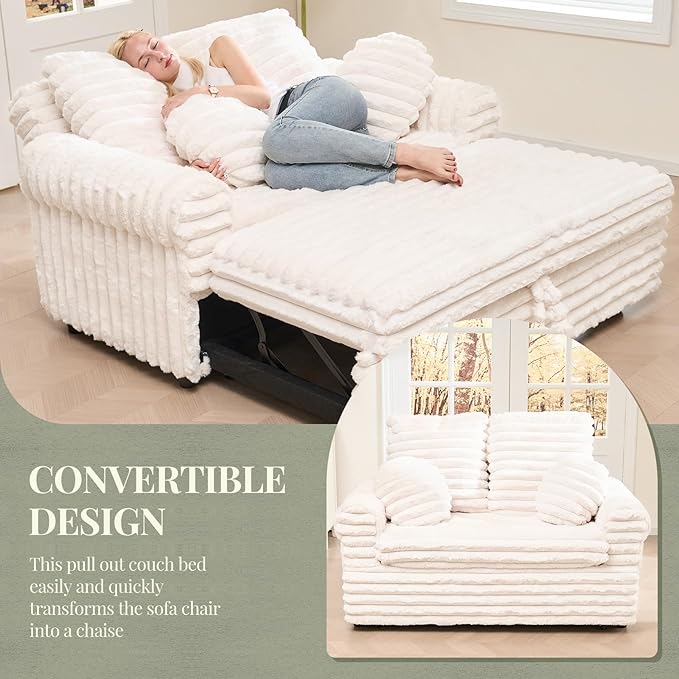 Belffin Upholstered Chaise Lounge Pull Out Sofa Bed with Pillows Couch Bed Sofa Pull Out Couch Sleeper Chair with Rolled Armrests for Living Room Plush Corduroy (White)