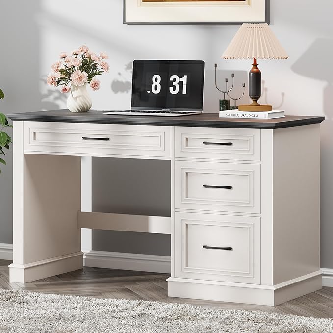 Farmhouse 47" Executive Desk, Computer Desk with Drawers and File Drawer, Workstation Computer Desk with Charging Station for Home Office, Study,Black.