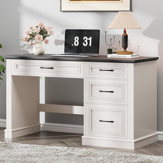 Farmhouse 47" Executive Desk, Computer Desk with Drawers and File Drawer, Workstation Computer Desk with Charging Station for Home Office, Study (Black)