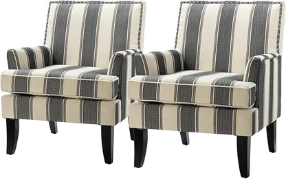 HULALA HOME Modern Accent Chairs Set of 2, Farmhouse High Back Striped Chairs with Wooden Legs & Nail Head Trim, Comfy Upholstered Armchairs for Living Room/Bedroom (Stripe Black)