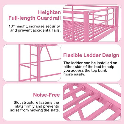 VECELO Metal Loft Bed Twin Size, Heavy Duty Bedframe with Removable Ladder and Safety Guardrail, Space-Saving, Noise Free, No Box Spring Needed, Light Pink