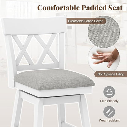COSTWAY Bar Stool for Kitchen Island, 26" Counter Height Chair with Ergonomic Backrest, Foot Rest, Padded Seat & Solid Wood Structure, 360°Swivel Farmhouse Barstool with Back