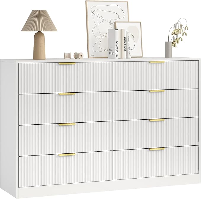 3-Piece Modern Bedroom Furniture Set, Wide 8-Drawer Dresser & 2-Drawer Nightstands Set of 2, Natural Wood Dresser and Nightstand Sets for Bedroom, Hallway, White