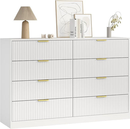 3-Piece Modern Bedroom Furniture Set, Wide 8-Drawer Dresser & 2-Drawer Nightstands Set of 2, Natural Wood Dresser and Nightstand Sets for Bedroom, Hallway, White