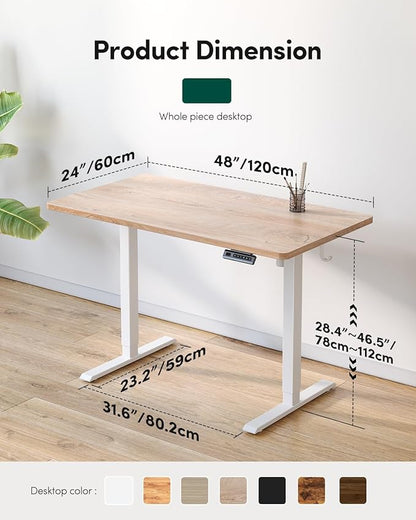 FEZIBO One-Piece Standing Desk Adjustable Height Stand up Home Office Desk, 48x24 Inch Electric Standing Computer Desk, with 4 Memory Presets, Headphone Hook, Maple
