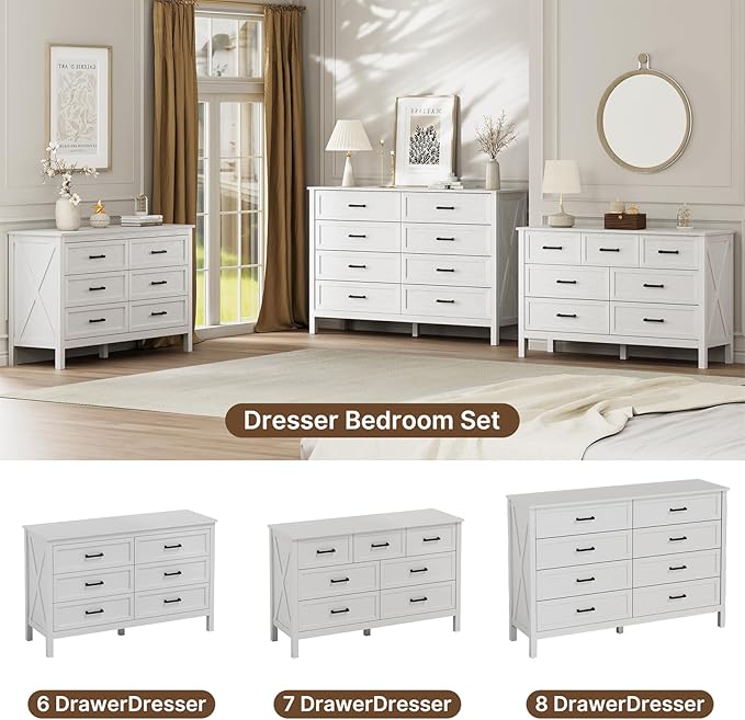 LYNSOM Farmhouse 8 Drawer Dresser for Bedroom, 55 Inch Wide Wood Rustic Chest of Drawers with X-Marking & Bar Handle, Large Storage Dressers Organizer for Bedroom, Hallway, White