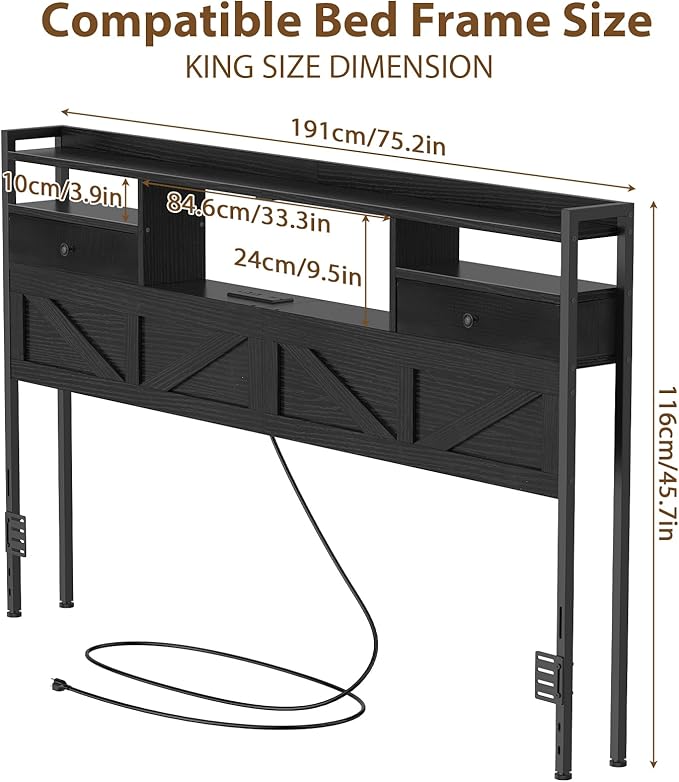 King Size Headboard with Drawers, Outlets & USB Ports,Sturdy Wood Bed Frame with Adjustable Height, Built-in LED Lighting (Black, King 75.2 * 7.08 * 45.7)