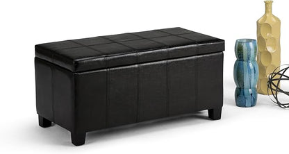 SIMPLIHOME Dover 36 inch Wide Contemporary Rectangle Storage Ottoman Bench in Midnight Black Vegan Faux Leather, Assembled, for the Living Room, Entryway and Family Room