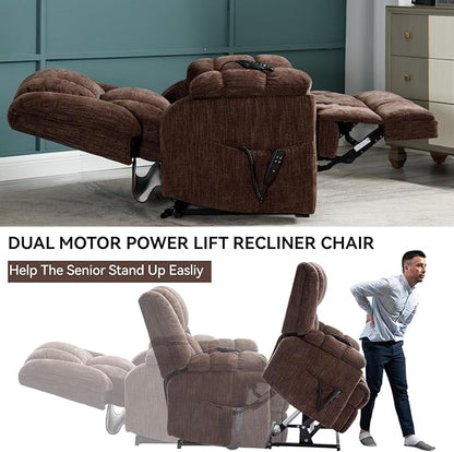 Power Lift Recliner Chair for Elderly, Oversized Chenille Electric Recliners Chairs for Living Room, Dual Motor 180° Lay Flat Recliner Big Sofa with Massage and Heating, Heavy-Duty, Brown