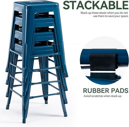 Vogue Furniture Direct 24" Bar Stools Backless Metal Barstools Indoor-Outdoor Counter Height Stools with Square Seat, Set of 4 (Deep Blue)