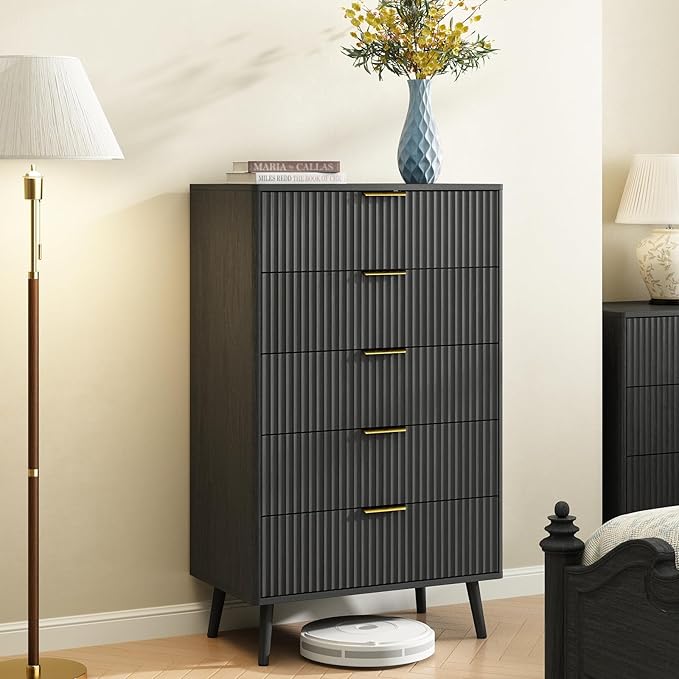 CARPETNAL Fluted 5 Drawers Dresser for Bedroom, 45" Tall Wooden Chest of Drawers with Rounded Corners, Gold Handles, Modern Storage Organizer for Bedroom, Hallway (Black)