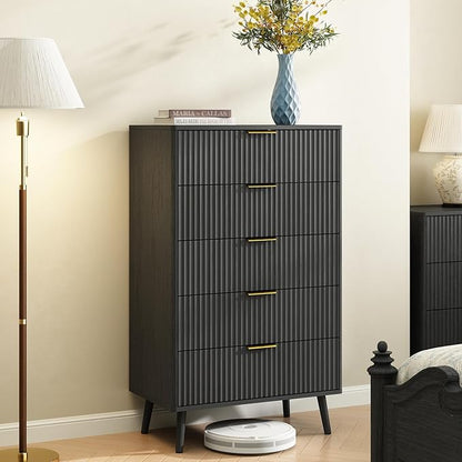 CARPETNAL Fluted 5 Drawers Dresser for Bedroom, 45" Tall Wooden Chest of Drawers with Rounded Corners, Gold Handles, Modern Storage Organizer for Bedroom, Hallway (Black)