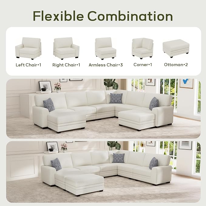 Wanderwell Oversized Modular Sectional Sofa, 8-Seater U Shaped Couches with Movable Ottoman,Corduroy Sectional Couch with Wide and Deep Seats Suitable for Living Room,Bedroom,Apartment (Cream, U-8)