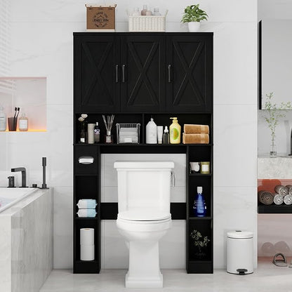 Over The Toilet Storage Cabinet, Farmhouse Toilet Cabinet Rack with 3 Barn Doors, Space Saving Bathroom Organizer with Shelves, Toilet Paper Holder and Towel Rack for Bathroom,Restroom,Pure Black
