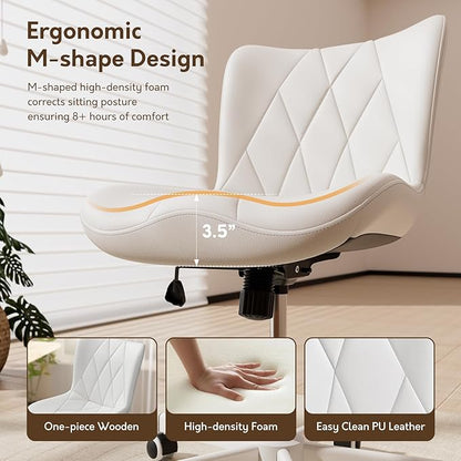 Armless Desk Chair, Morden Home Office Chair no Arms, Adjustable Height & Rocking Computer Chair, PU Leather Vanity Chair, Ergonomic Seat Soft Padded Desk Chairs for Home Small Space, White