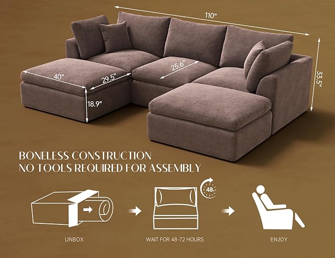 110" Cloud Sectional Couches for Living Room, Boneless U Shaped Couch with Ottoman, 3 Seater Modular Sectional Sofa, Brown