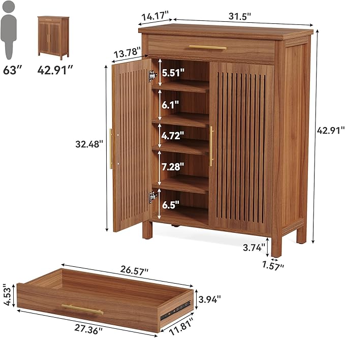 LITTLE TREE Narrow Storage Shoe Rack, 6-Tier Wooden Shoe Cabinet with Drawer, Freestanding Slim Shoe Cabinet Shoe Organizer for Entryway, Hallway, Closet, Bedroom, Living Room, Brown