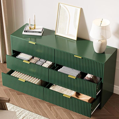 3-Piece Dresser Bedroom Set, 6 Drawer Dresser & 3 Drawer Nightstands with Gold Handles, Fluted Wood Chest of Drawers for Bedroom, Living Room, Entryway, Green