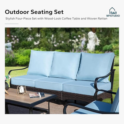 MFSTUDIO 5 PCS Outdoor Patio Furniture Set, Metal Outdoor Conversation Set, Rattan Wicker Patio Sectional Sofa Set with 2 x Swivel Single Sofa, 2-Seat and 3-Seat Sofa, 1 x Coffee Table, Blue
