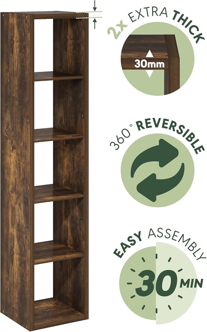 Furinno Cubicle Book Shelf, 5-Cube Vertical Thick Frame Bookshelf, Horizontally & Vertically Reversible Bookcase with Open Back, 14.6 x 15.9 x 72, for Living Room, Bedroom, Home Office, Amber Pine