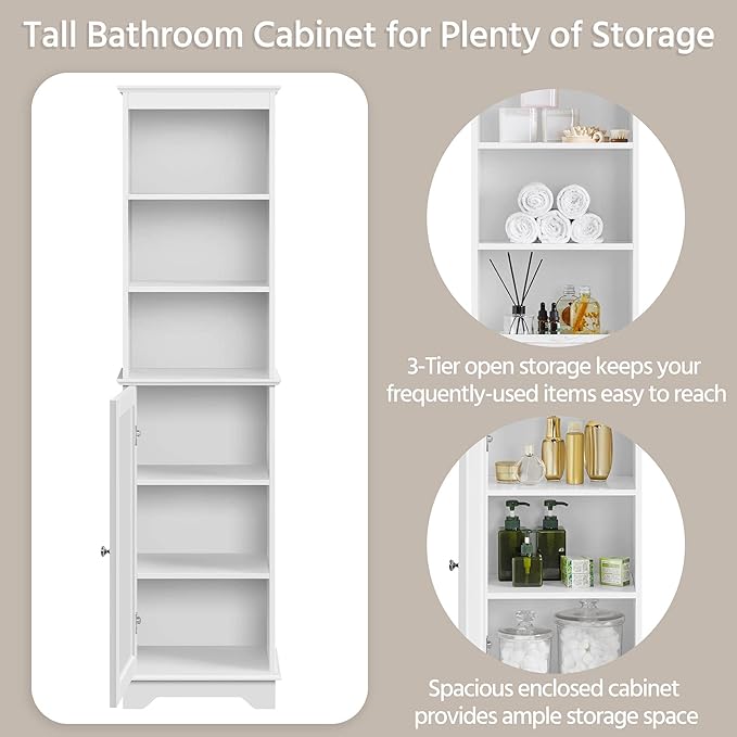Yaheetech Tall Slim Storage Cabinet with 3 Shelves & Door, Freestanding Linen Cabinet for Bathroom, Living Room, Entryway, 16 x 12 x 60.5 Inches, White