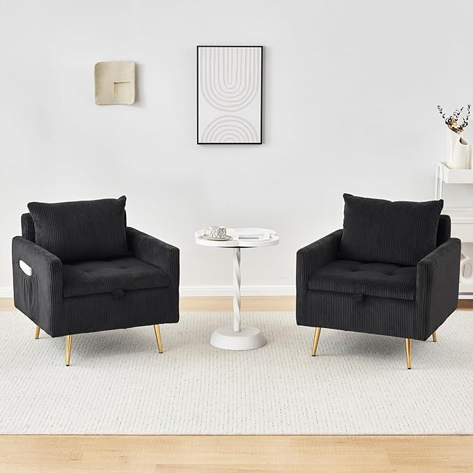 Furnimart Storage Accent Chair with Arm, Mid-Century Corduroy Sofa Chair with Removable Cushion Cover, Reading Chair for Bedroom, Living Room, Apartment, Black