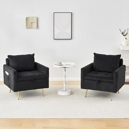 Furnimart Storage Accent Chair with Arm, Mid-Century Corduroy Sofa Chair with Removable Cushion Cover, Reading Chair for Bedroom, Living Room, Apartment, Black