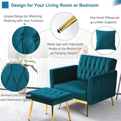Velvet Accent Chair with Adjustable Armrests and Backrest, Button Tufted Lounge Chair, Single Recliner Armchair with Ottoman and Pillow for Living Room, Bedroom,Teal