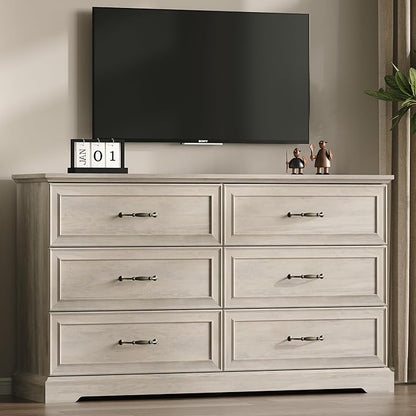 Farmhouse 6 Drawers Dresser for Bedroom, 54" Wide Modern Chest of Drawers with Deep Drawers & Bar Handles, Rustic Wood Dresser TV Stand, Wooden Closet Storage Organizer for Living Room, Hallway, Grey