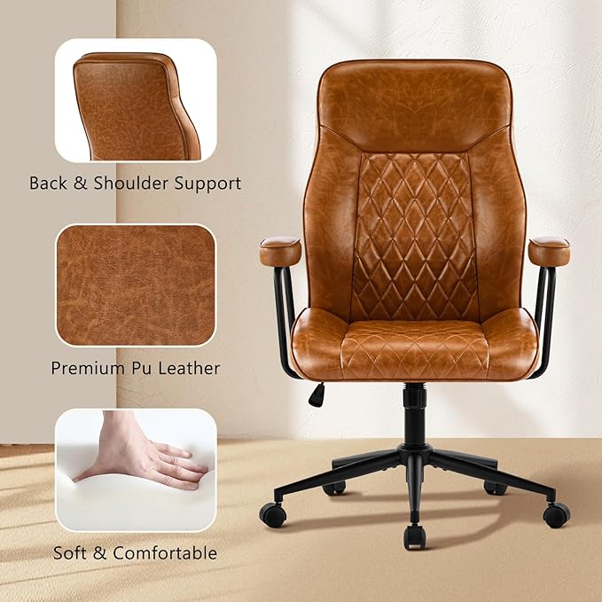 Leather Home Office Desk Chairs, Comfy Office Chair, Mid Century Modern Office Chair with Lumbar Support, Mid-Back Adjustable Swivel Computer Chair with Wheels and Arms, Brown