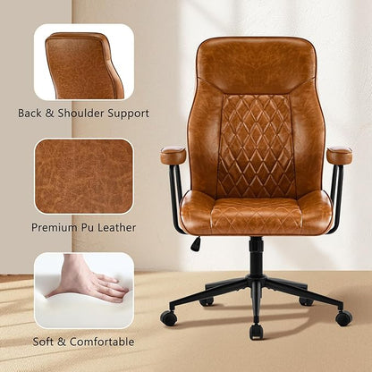 Leather Home Office Desk Chairs, Comfy Office Chair, Mid Century Modern Office Chair with Lumbar Support, Mid-Back Adjustable Swivel Computer Chair with Wheels and Arms, Brown
