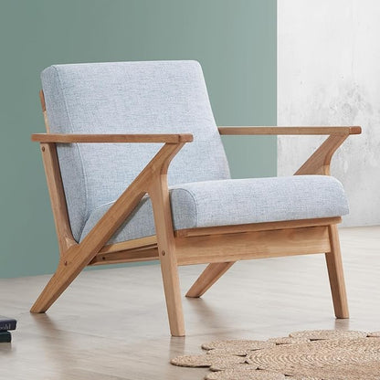Zola Mid Century Modern Accent Chair Arm Chair, Living Room Furniture, Oak/Light Blue