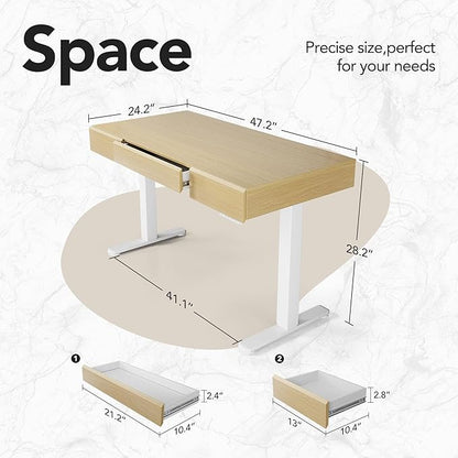 HUANUO 48 Inch Standing Desk with Drawers, Electric Adjustable Height Stand Up Desk with Storage, Whole-Piece Board Computer Workstation for Home Office, Light Walnut