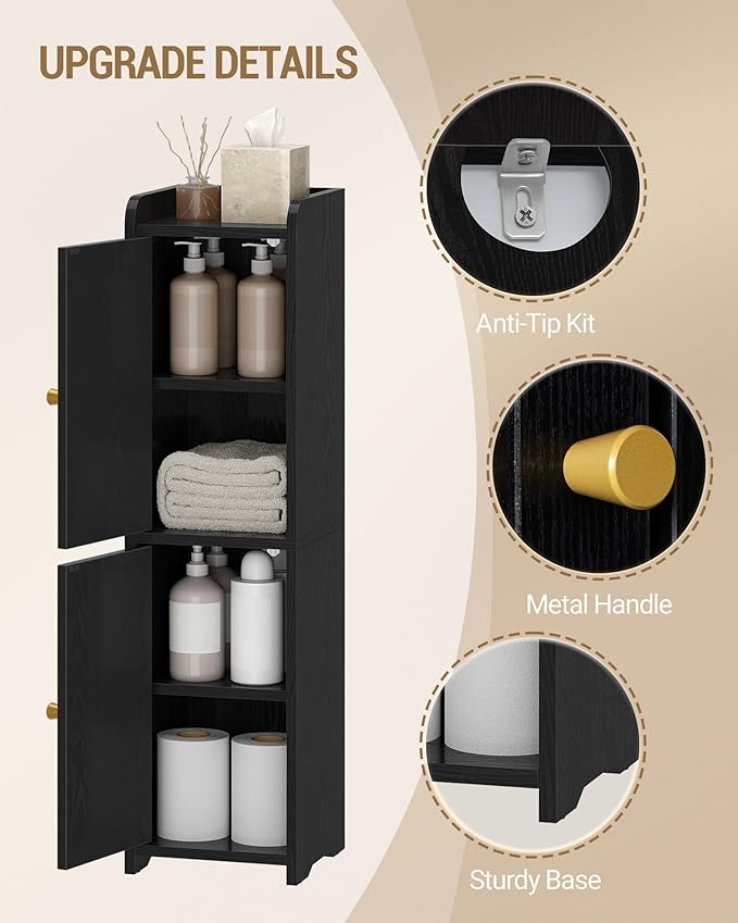 Bathroom Storage Cabinet, Corner Floor Cabinet with 2 Doors and Adjustable Shelf, Narrow Toilet Paper Cabinets, Bathroom Organizer for Small Spaces, 7.9" D x 7.9" W x 29.5" H Black