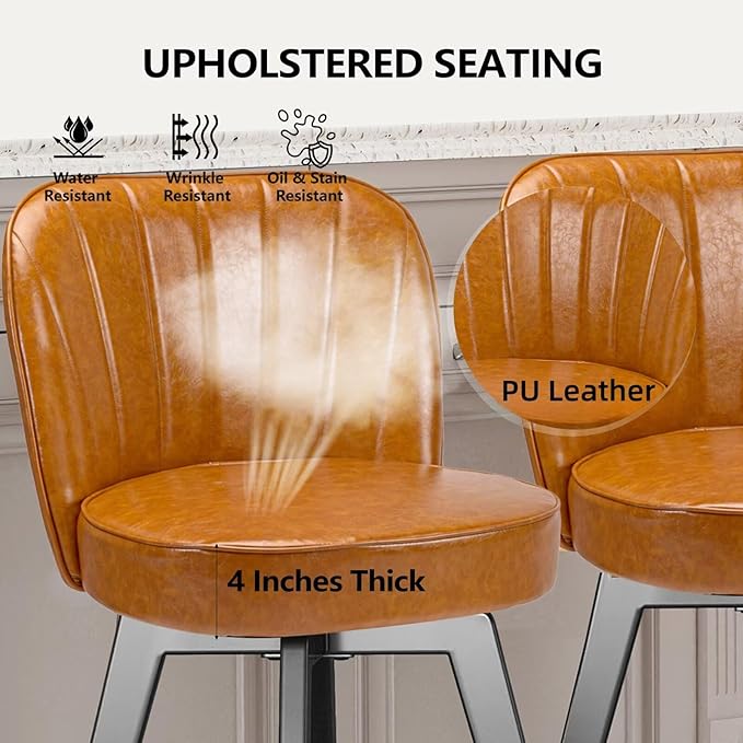 MINCETA Bar Stools Set of 2, PU Leather Barstools, 26 Inch Upholstered Counter Stools with Backrest and Footrest, Swivel Counter Height Barstools for Kitchen Island Home Bar Light Brown