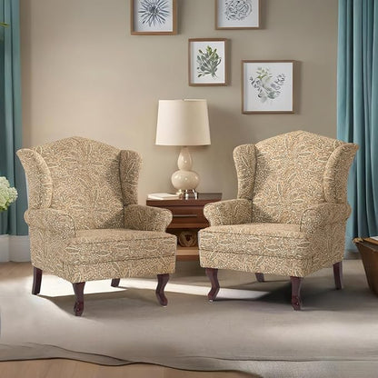 Pia Ricco Paisley High Back Floral Accent Chair, Upholstered Fabric Armchair with Solid Wood Legs - Retro Living Room Reading Chair, Comfortable Single Sofa Seat-Brown