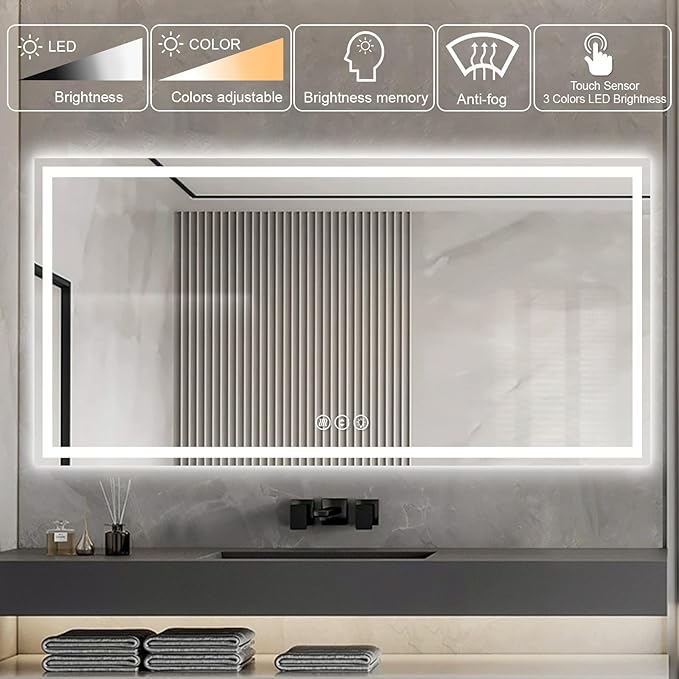 Awoco 72''x36'' LED Bathroom Mirror with Light, Lighted Vanity Mirror with Backlit and Front Light, Dimmable Anti-Fog Memory Function Lighted Mirror with 3 Colors for Bathroom Wall