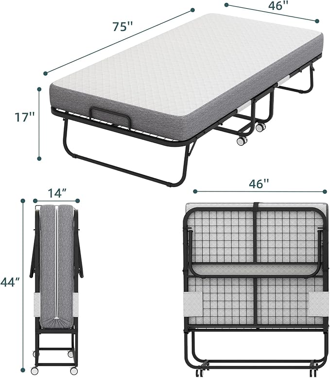 Folding Bed with Mattress, 75''x46'' upsize with Upgraded Sturdy Frame, Adult Portable, Space Saving