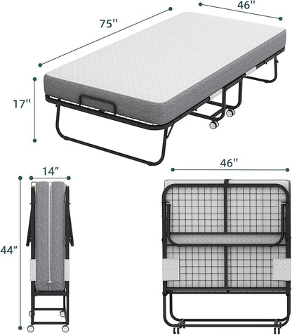 Folding Bed with Mattress, 75''x46'' upsize with Upgraded Sturdy Frame, Adult Portable, Space Saving