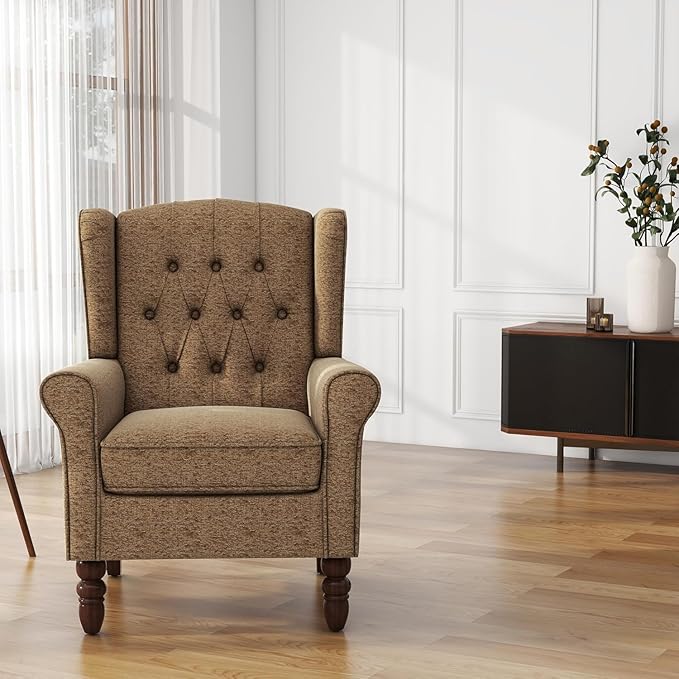 UIXE High Back Accent Chair, Fabric Upholstered Armchair Retro Wingback Arm Chair for Living Room, Comfy Single Sofa Bedroom Retro Reading Seat with Solid Wood Legs - Brown