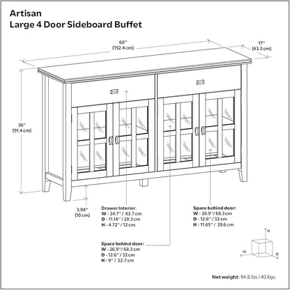 SIMPLIHOME Artisan Buffet - 60 inch Wide Solid Wood 4-Door Sideboard Buffet in Black, Transitional Storage Cabinet for Dining Room or Kitchen with Adjustable Shelves and Square Knobs