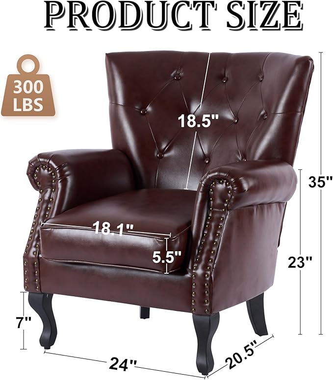 Modern Faux Leather Accent Chair, Upholstered Mid-Century Armchair with Solid Wood Legs, Single Sofa Chair for Living Room, Bedroom, or Reading Room（Reddish Brown）