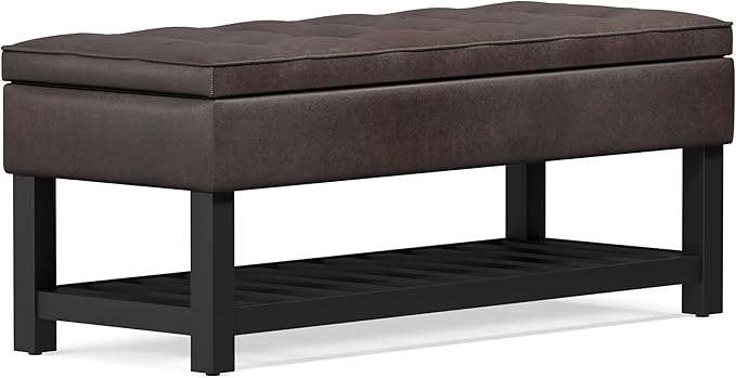 SIMPLIHOME Cosmopolitan 44 inch WideTransitional Rectangle Storage Ottoman Bench with Open Bottom in Distressed Brown Vegan Faux Leather, Assembled for the Living Room and Bedroom